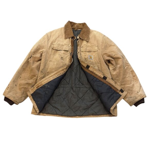 Carhartt Torn Faded Ripped Insulated Work Jacket Canvas Heavy-Duty Outerwear - Picture 3 of 13